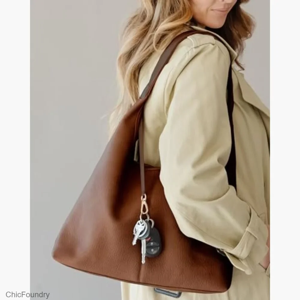 Large Vegan Leather Hobo Bag with Zippered Compartments and Shoulder Strap